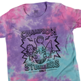 Load image into Gallery viewer, Tie-dye t-shirt with Stumble Guys characters and text on a white background