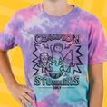 Load image into Gallery viewer, Tie-dye t-shirt with Stumble Guys design and text on a yellow background