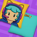 Load image into Gallery viewer, Gamer pillow on a yellow background, next to a teal pillow with 'Stumble Guys' logo.