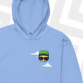 Load image into Gallery viewer, Light blue hoodie with Mr. Stumble on a white background