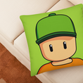 Load image into Gallery viewer, Mr. Stumble Pillow on a beige couch.