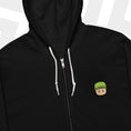 Load image into Gallery viewer, Black hoodie with a Mr. Stumble embroidered design on the chest against a white background