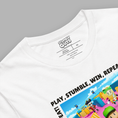 Load image into Gallery viewer, White t-shirt with 'Stumble Guys' graphic and text on a gray background