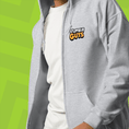 Load image into Gallery viewer, Gray hoodie with 'Stumble Guys' logo on a green background