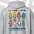 Load image into Gallery viewer, Gray hoodie with 'Stumble Guys' character designs and game interface elements on the back.