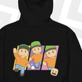 Load image into Gallery viewer, Black hoodie with Mr. Stumble design on a white background