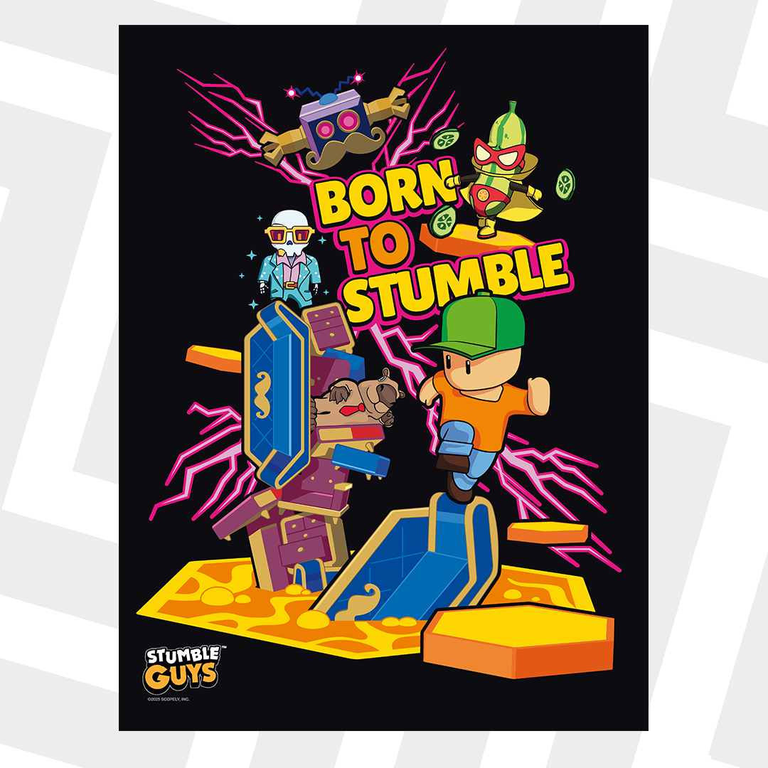 Illustration of characters from 'Stumble Guys' with text 'Born to Stumble' on a black background.