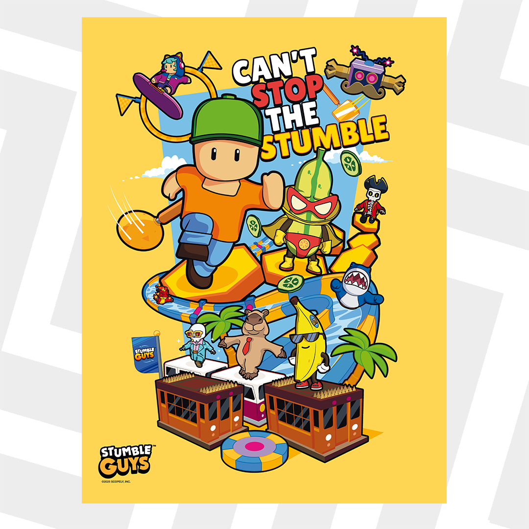 Cartoon characters from 'Stumble Guys' on a yellow background with text 'Can't Stop the Stumble'.