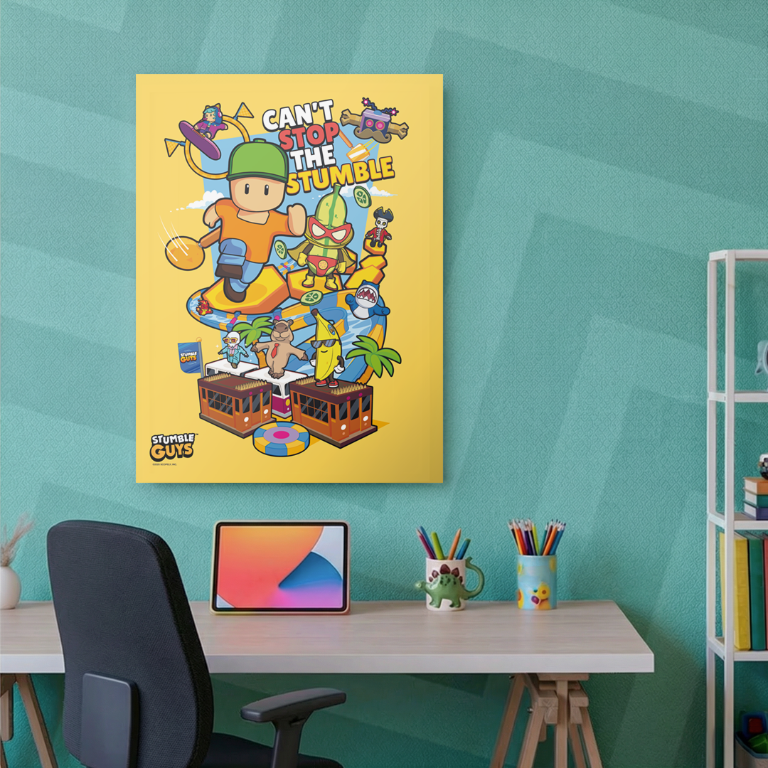 Colorful Stumble Guys 'Can't Stop the Stumble' poster on a teal wall above a desk with office supplies.