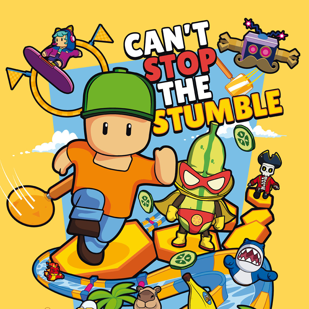 Mr. Stumble surrounded by various Stumble Guys characters and objects with 'Can't Stop the Stumble' text on a yellow background.