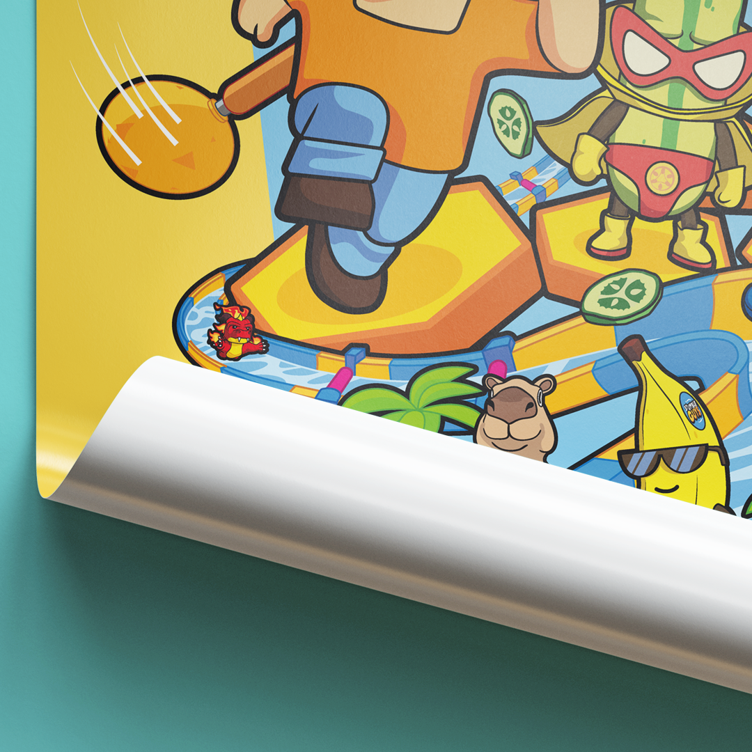 Stumble Guys illustration of characters on a yellow background with a roll of paper in the foreground.