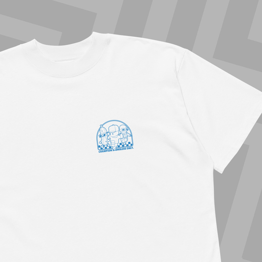 White Stumble Guys T-shirt against a grey background