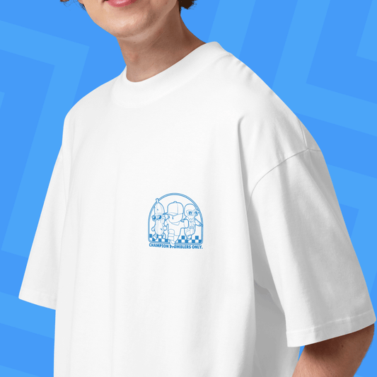 Person wearing a white Stumble Guys T-shirt on a blue background