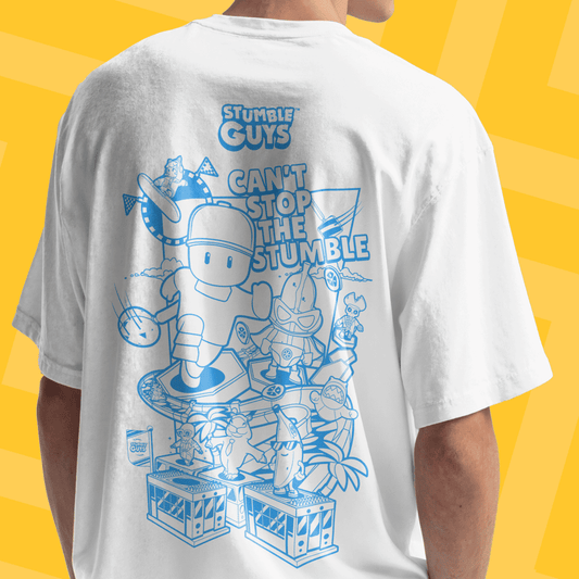 White t-shirt with blue graphic design on the back, featuring 'Stumble Guys' branding, against a yellow background.