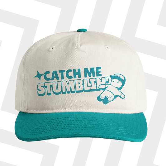 White hat with Mr. Stumble and 'Catch me stumbling' printed text