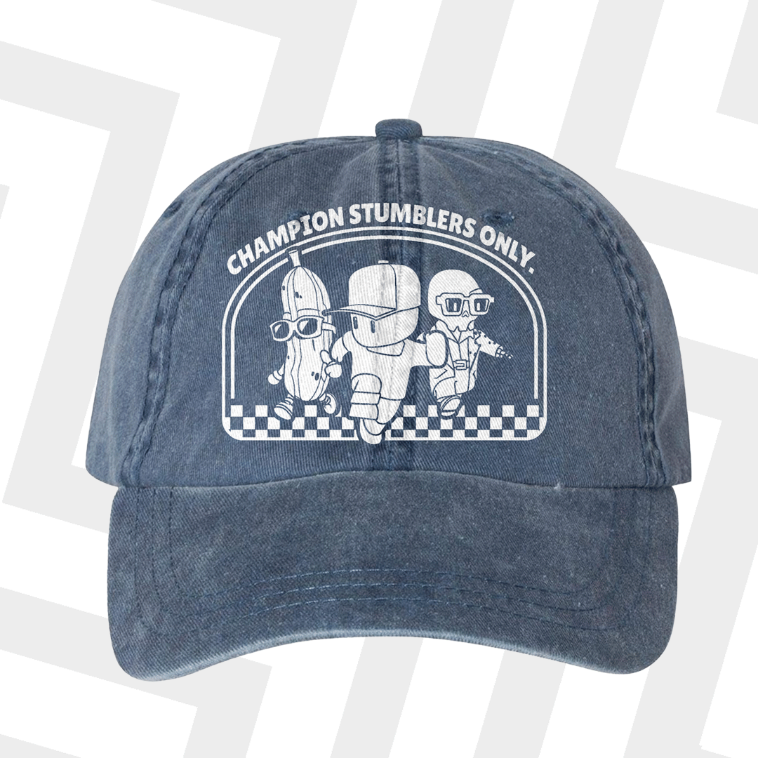 Blue cap with white stumble guys graphic and text on a white background