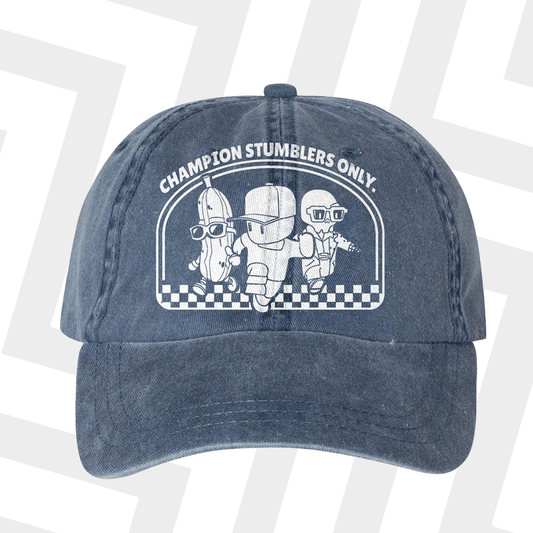 Blue cap with white stumble guys graphic and text on a white background