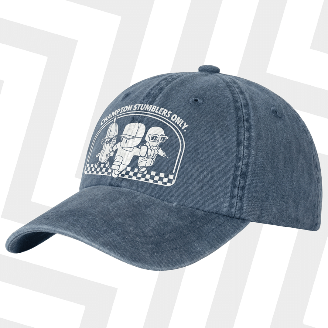 Blue cap with white stumble guys graphic and text on a white background
