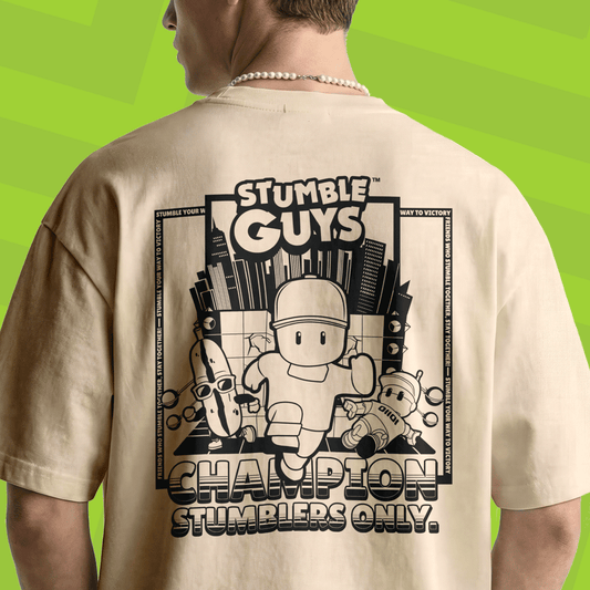 Beige t-shirt with 'Stumble Guys' graphic on a green background