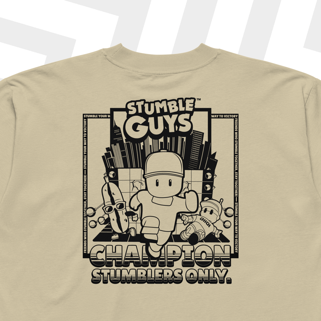 Beige t-shirt with 'Stumble Guys' graphic on a white background