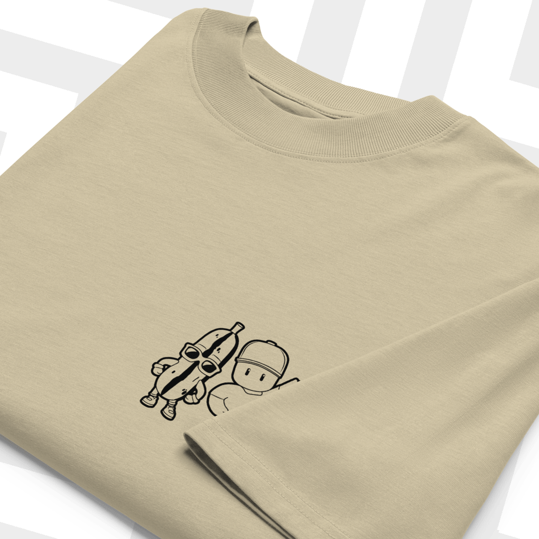 Beige sweatshirt with a black stumble guys characters graphic design on a white background
