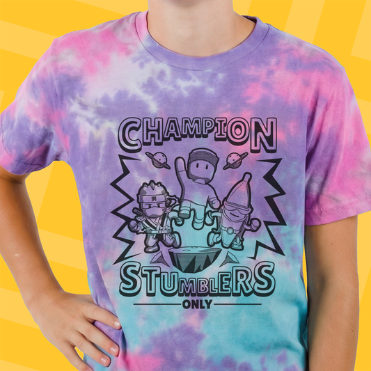 Tie-dye t-shirt with Stumble Guys  design and text on a yellow background