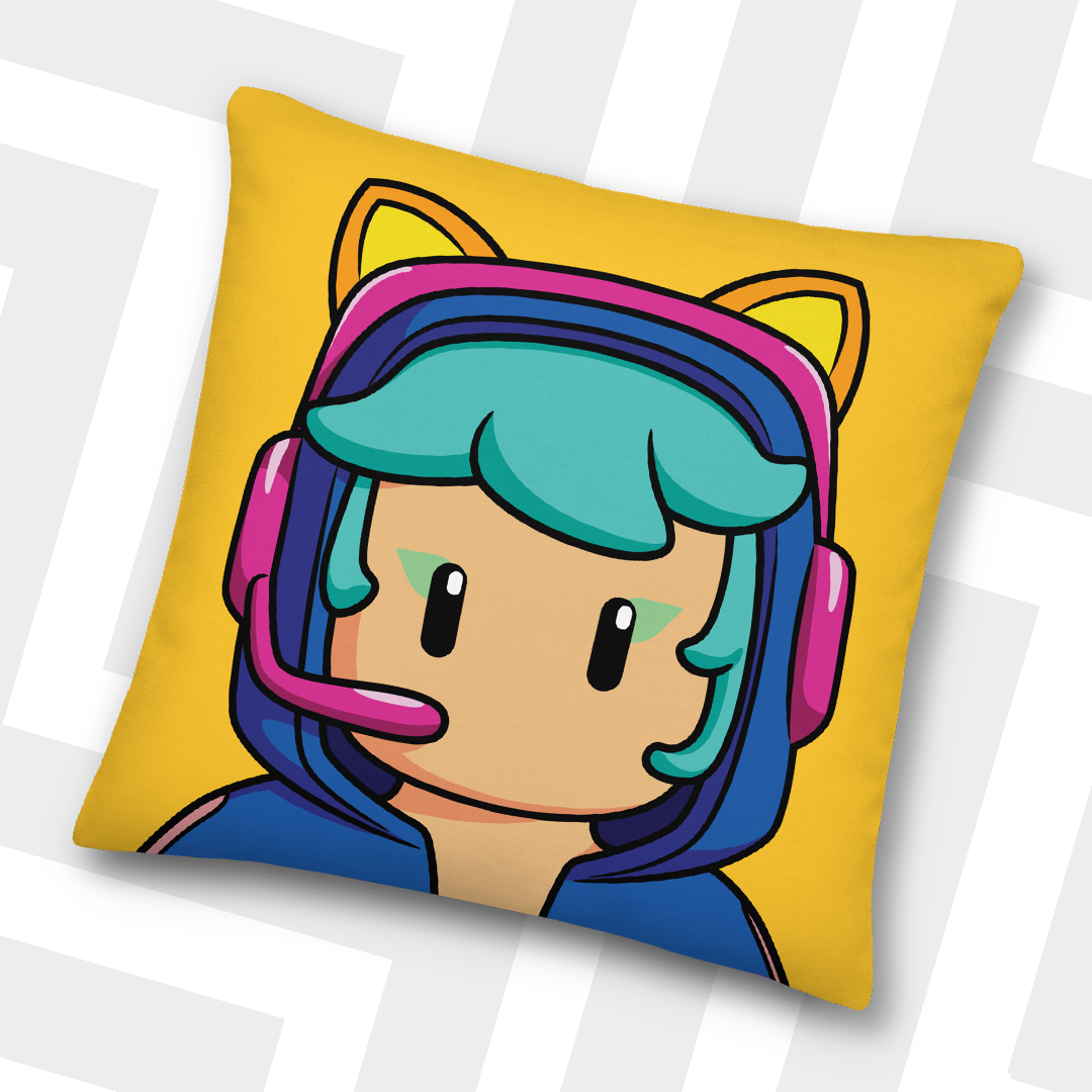 Gamer Pillow wearing headphones on a yellow background