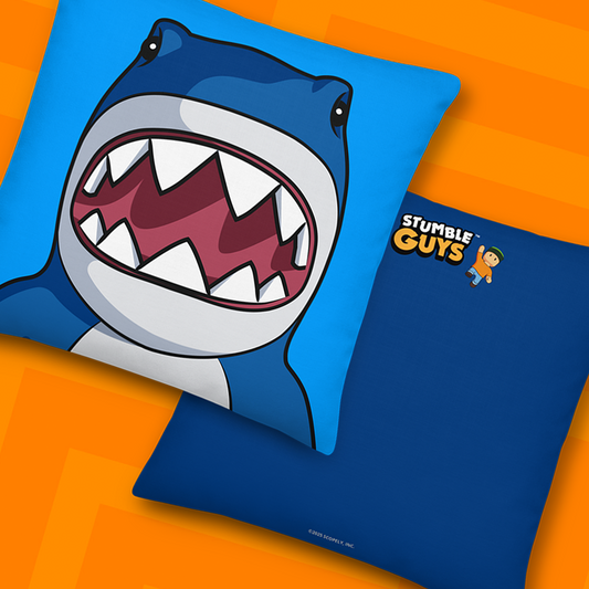 Megalodon pillow with 'Stumble Guys' logo on an orange background