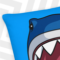 Load image into Gallery viewer, Megalodon pillow with a blue background
