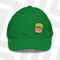 Load image into Gallery viewer, Green cap with a Mr. Stumble embroidered design on a white background
