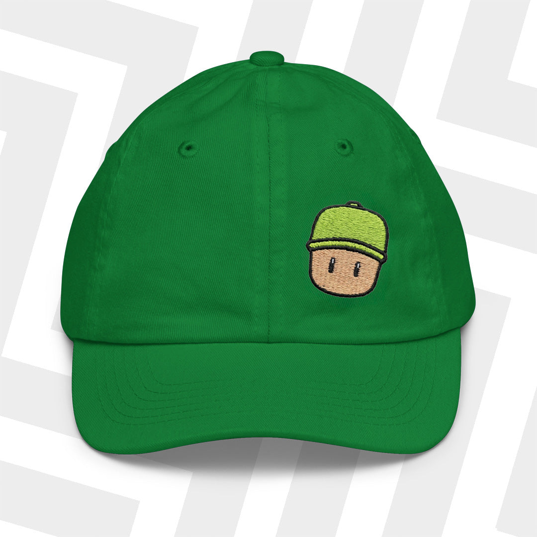 Green cap with a Mr. Stumble embroidered design on a white background