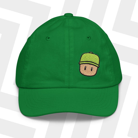 Green cap with a Mr. Stumble embroidered design on a white background