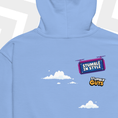 Load image into Gallery viewer, Light blue hoodie with 'Stumble Guys' design featuring a sign and clouds.
