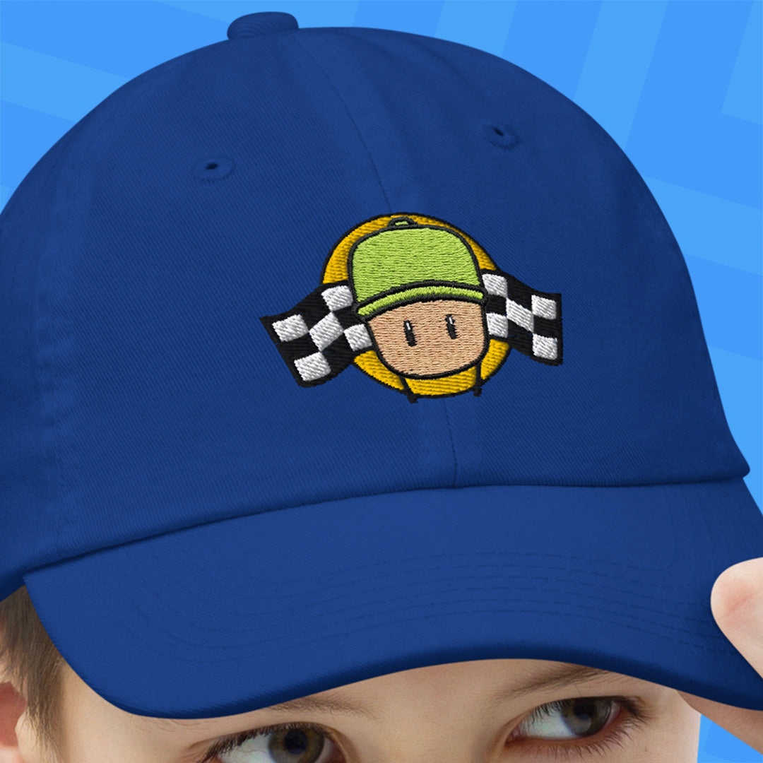 Blue cap with a Mr. Stumble patch on a blue background