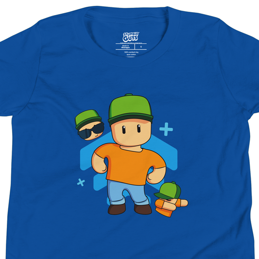 Mr Stumble printed on a blue t-shirt