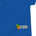 Load image into Gallery viewer, Blue t-shirt with 'Stumble to Win!' graphic on a white background
