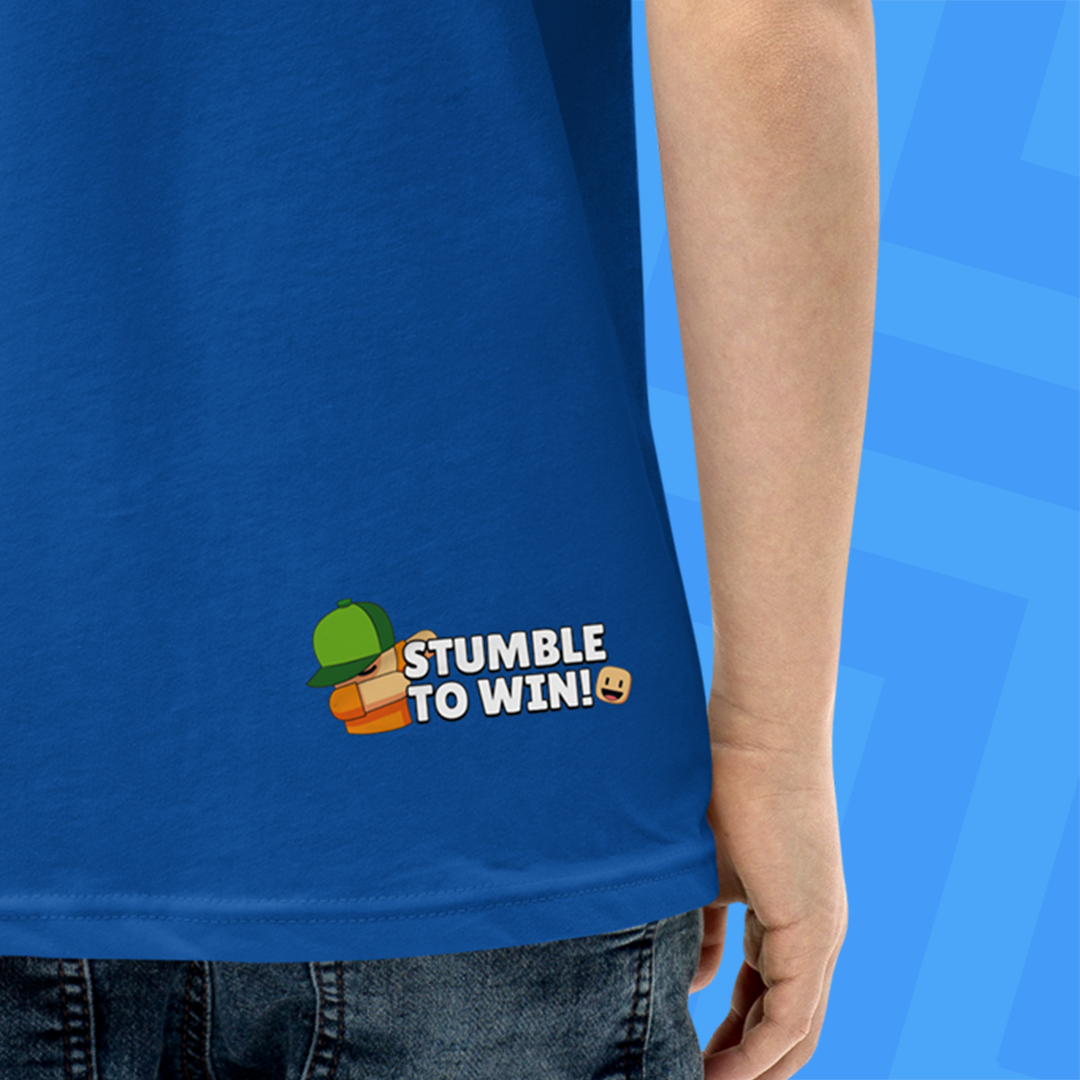 Blue t-shirt with 'Stumble to Win!' graphic on a blue background