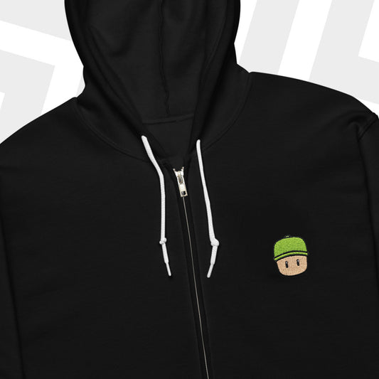 Black hoodie with a Mr. Stumble embroidered design on the chest against a white background
