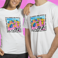 Load image into Gallery viewer, Two people wearing white t-shirts with Stumble Guys graphic and text on a pink background
