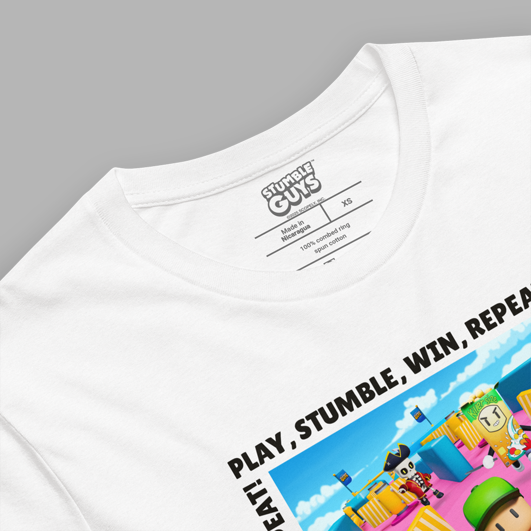 White t-shirt with 'Stumble Guys' graphic and text on a gray background