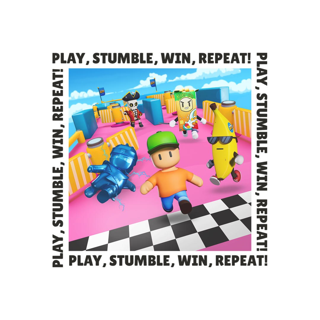 Stumble Guys characters in a colorful setting with text 'Play, Stumble, Win, Repeat!' on a white background.