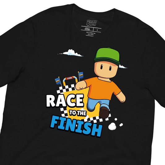Black t-shirt with cartoon character and 'Race to the Finish' text on a white background