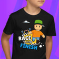 Load image into Gallery viewer, Black t-shirt with a cartoon character and 'Race to the Finish' text on a purple background
