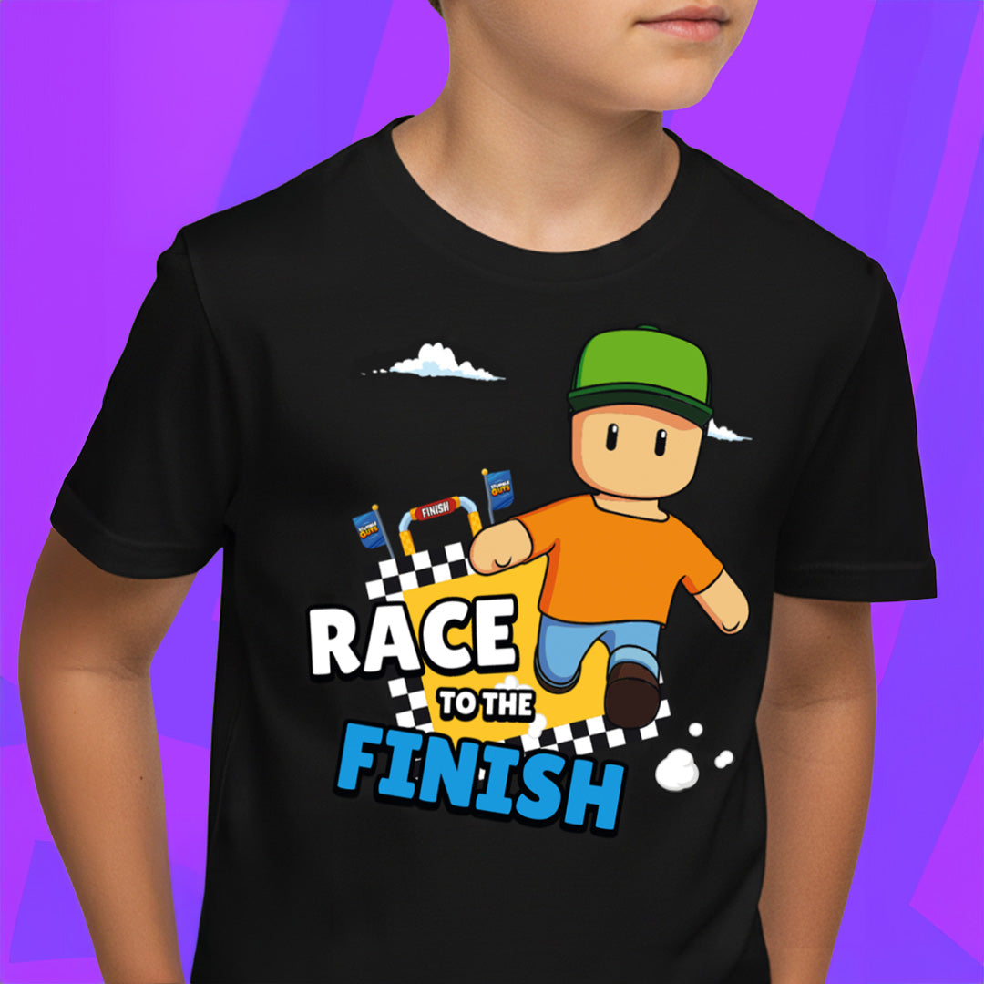 Black t-shirt with a cartoon character and 'Race to the Finish' text on a purple background