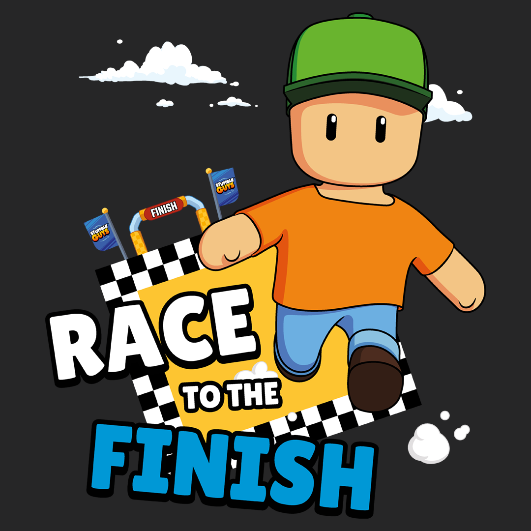 Cartoon character in an orange shirt and green cap with 'Race to the Finish' text on a black background