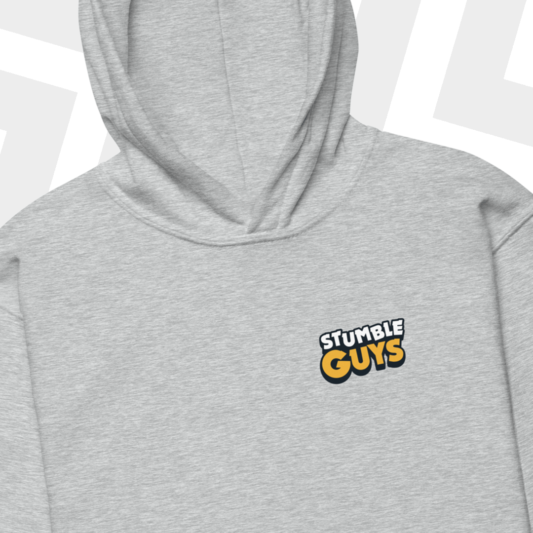 Gray hoodie with 'Stumble Guys' logo on a white background