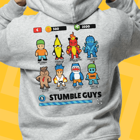Gray hoodie with 'Stumble Guys' character designs on a yellow background