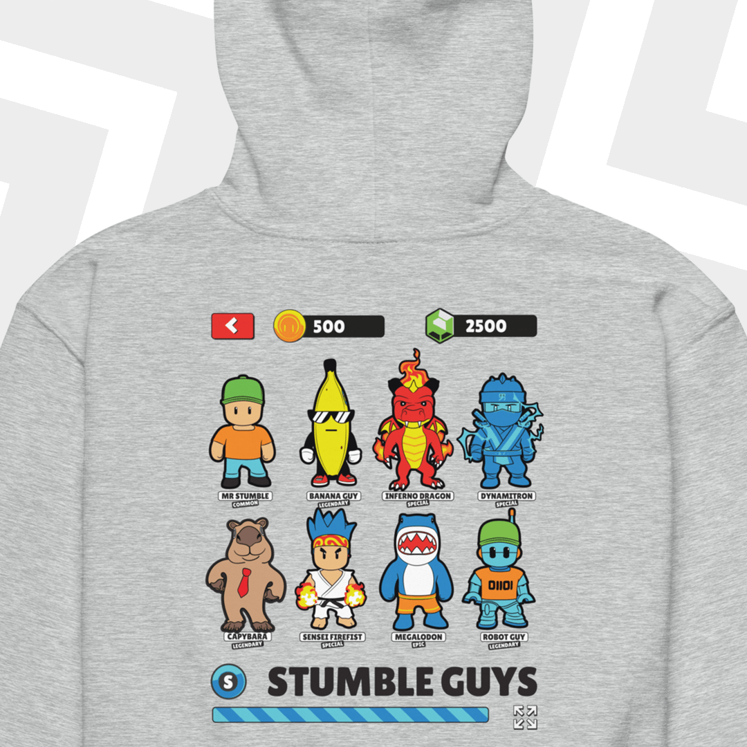 Gray hoodie with 'Stumble Guys' character designs and scores on a white background