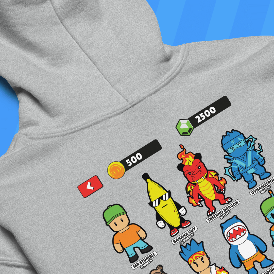 Gray hoodie with Stumble Guys Character on a blue background