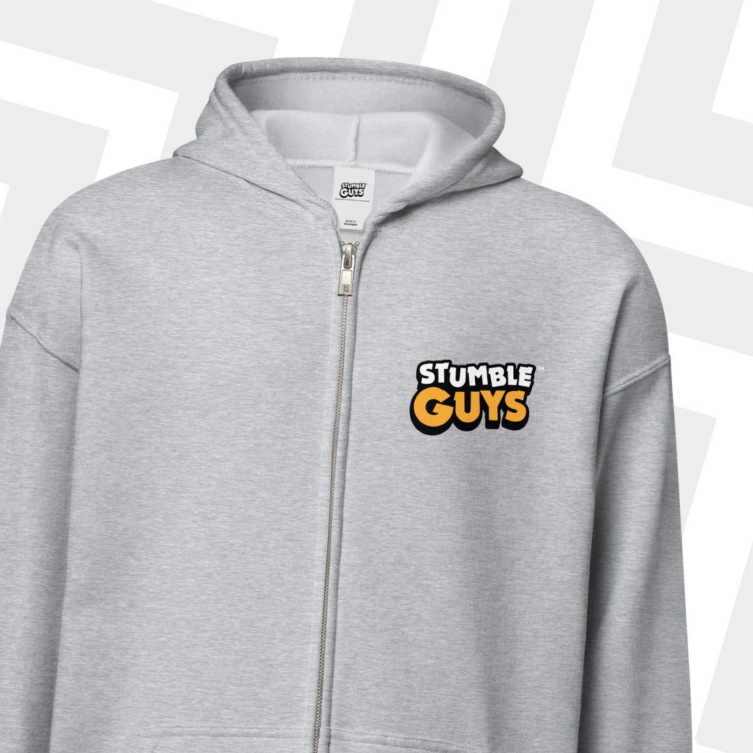 Gray hoodie with 'Stumble Guys' logo on a white background